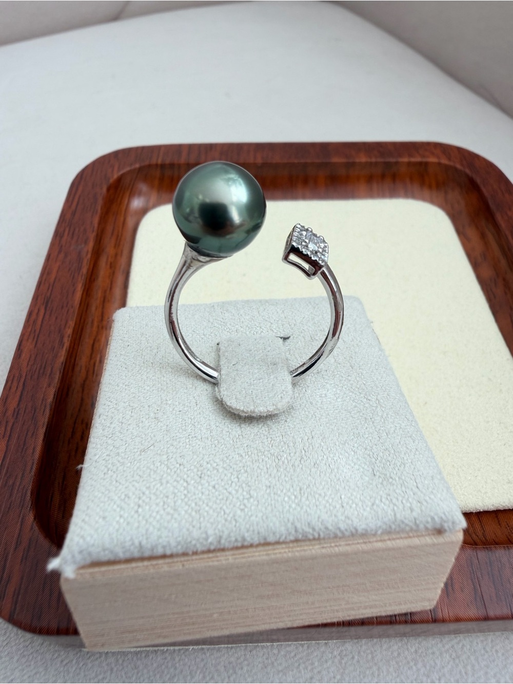 Tahitian Pearl Ring 9.1mm S925 Adjustable Ring Deep Green High Luster Size: 5-9
